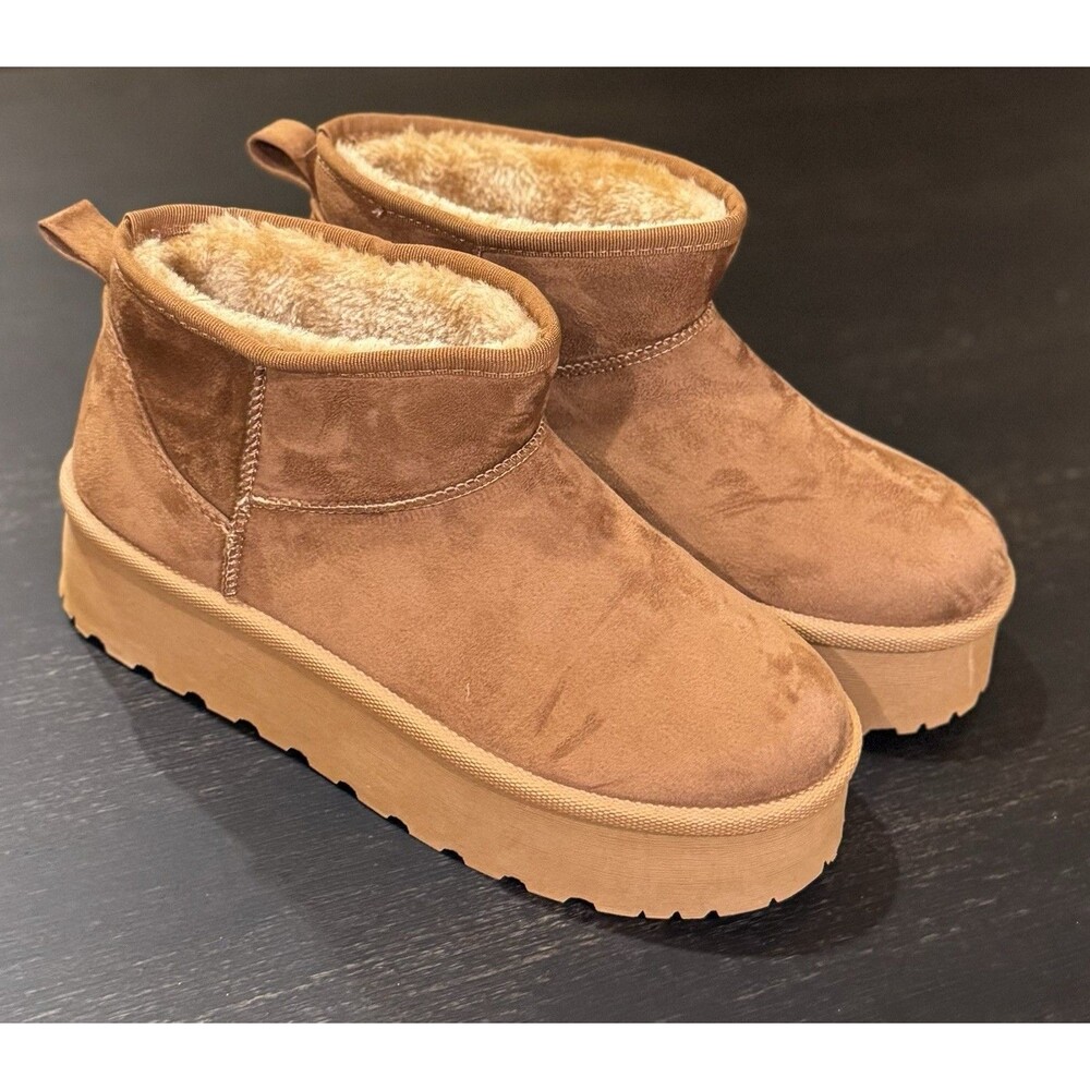 Shein Womens Platform Ankle Booties Fuggs Size 10 Faux-Fur Lined PullOn Warm Tan